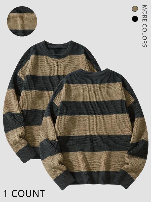 Men's Colorblock Striped Print Drop Shoulder Sweater, Loose Casual Long Sleeve Round Neck Jumper for Fall & Winter, Fashion Men's Knitwear for Daily Wear