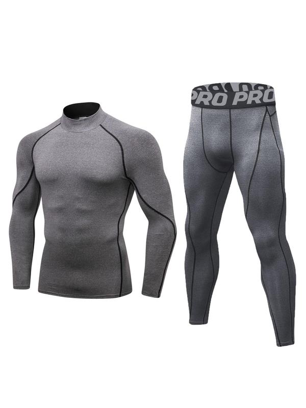 Men's Long Sleeve Mock Neck Compression Top & Letter Print Leggings Thermal Underwear Set, Casual Comfy Breathable Tight Top & Pants Set for Fall & Winter, Men's Underwear for Daily Wear