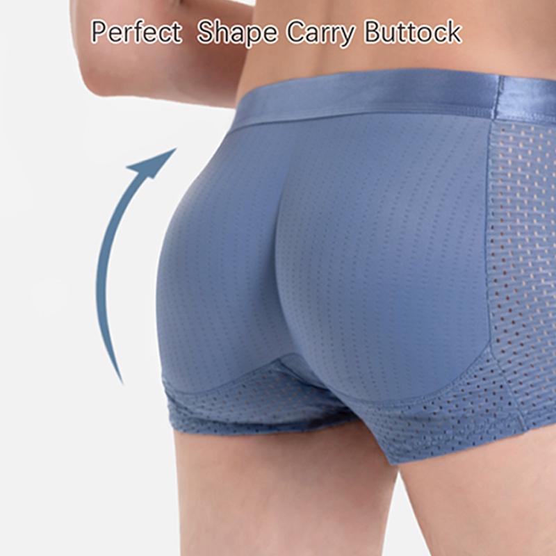 Men's Hip-Lifting Boxer Briefs Hip Thickened Sponge Padded Buttocks Plump Peach Split Comfortable Breathable Pants Dark Blue M-2XL