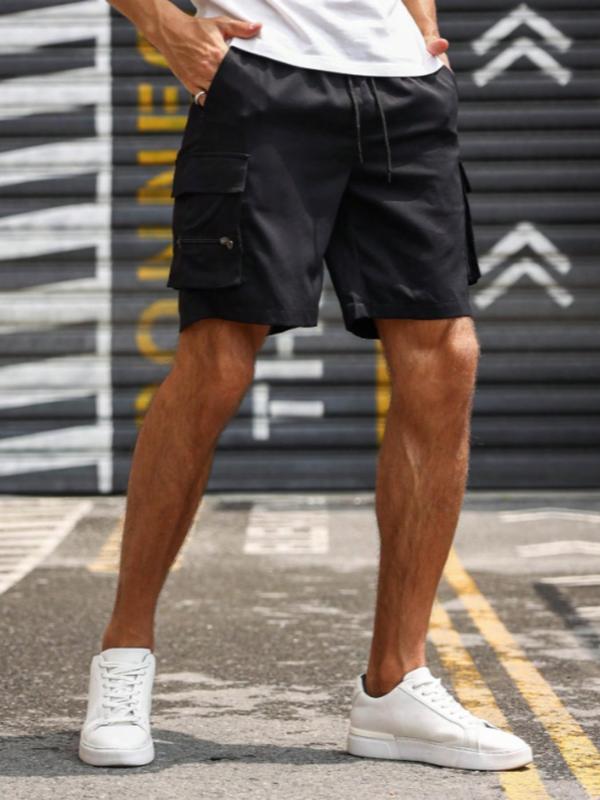 Men's Casual Solid Elastic Waist Shorts, Summer Clothes Regular Fit Fashion Casual Pocket Drawstring Waist Shorts For Daily Wear, Men's Bottoms For Summer