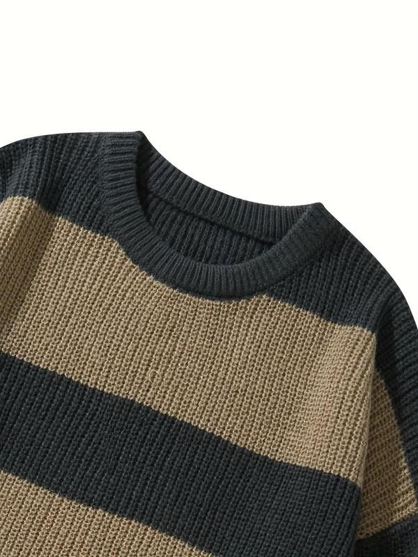 Men's Colorblock Striped Print Drop Shoulder Sweater, Loose Casual Long Sleeve Round Neck Jumper for Fall & Winter, Fashion Men's Knitwear for Daily Wear