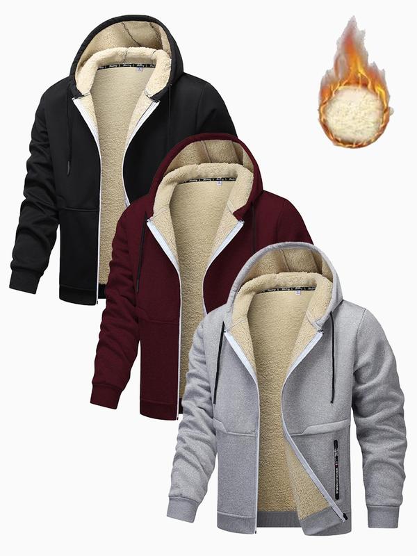 Men's Solid Color Drawstring Pocket Hooded Fleece Jacket, Regular Fit Casual Long Sleeve Zip Up Outerwear for Fall & Winter, Men's Clothes for Daily Wear