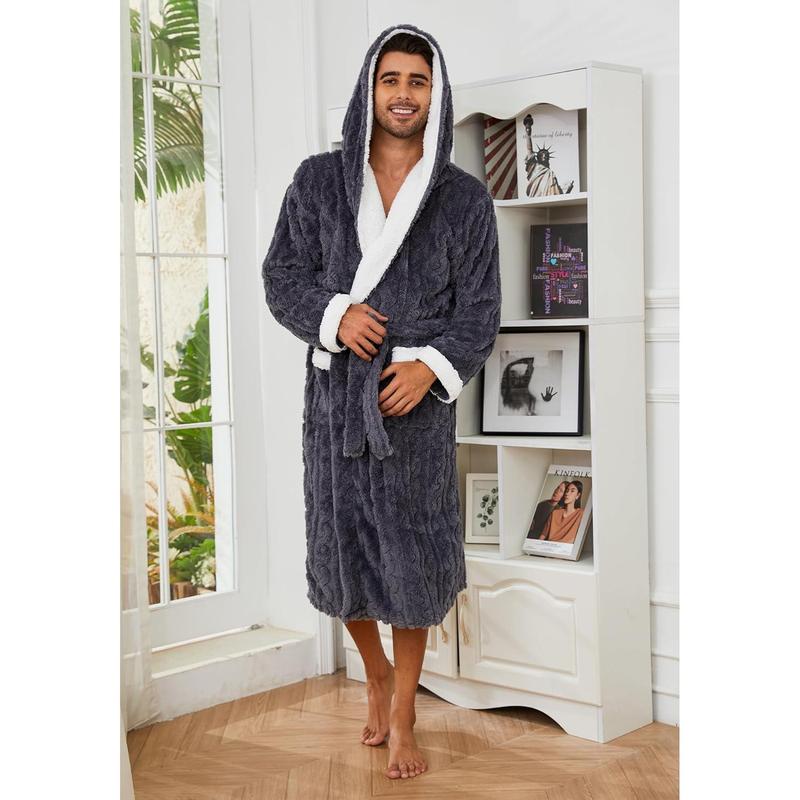 Mens Robe with Hood,Full Length Plush Robe for Men Thick Fleece Bathrobe