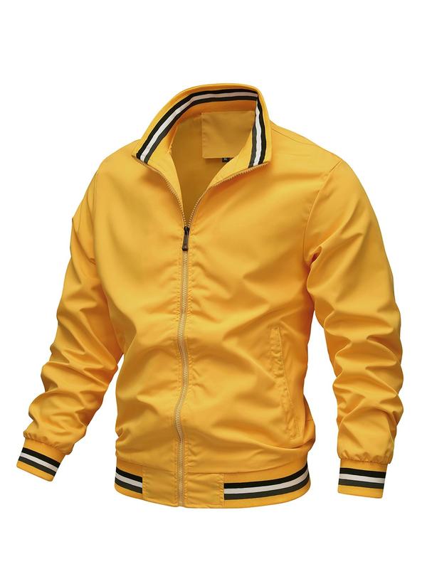 Men's Striped Trim Zip Up Varsity Jacket, Regular 2024 Mens Jacket, Streetwear Long Sleeve Pocket Baseball Jacket, Windbreaker Bomber Jacket, Men's Fall Clothing for Daily Wear Tops