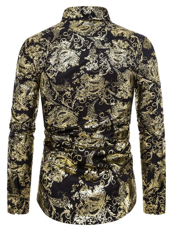 Men's Floral & Paisley Hot Stamping Button Front Shirt, Regular Fit Long Sleeve Collared Top for Wedding Party Formal Occasions, Men's Clothes for All Seasons