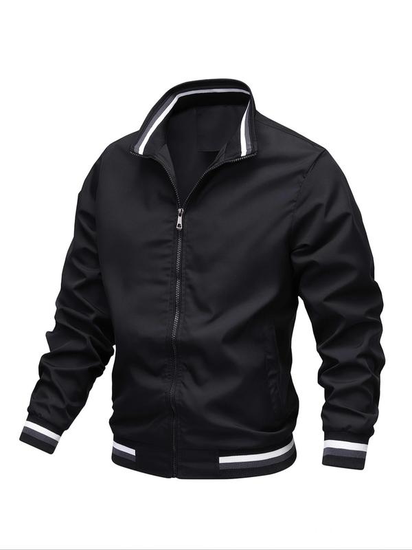 Men's Striped Trim Zip Up Varsity Jacket, Regular 2024 Mens Jacket, Streetwear Long Sleeve Pocket Baseball Jacket, Windbreaker Bomber Jacket, Men's Fall Clothing for Daily Wear Tops