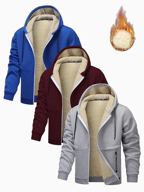 Men's Solid Color Drawstring Pocket Hooded Fleece Jacket, Regular Fit Casual Long Sleeve Zip Up Outerwear for Fall & Winter, Men's Clothes for Daily Wear