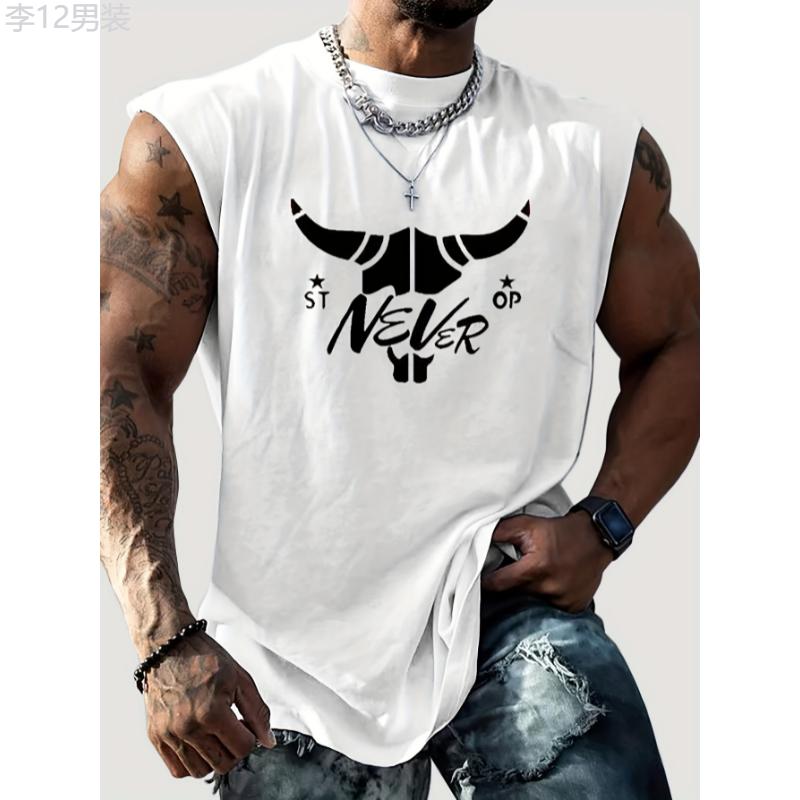 Men's Comfy Bull Print Graphic Design Tank Top, Casual Sleeveless Shirt for Summer, Relaxed Fit Vest Top Fabric Menswear