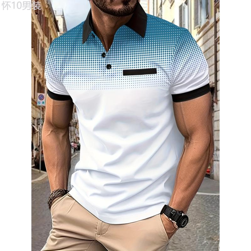 Stylish Polka Dot Lapel Shirt - Breathable, Short Sleeve, 1 4 Button, Casual Fit for Men's Fitness Training, Gym Workout, and Everyday Wear Fabric Menswear Polo Collar Polyester Stretch Polyester Stretch Tops Tropical Wetsuit Shortsleeve