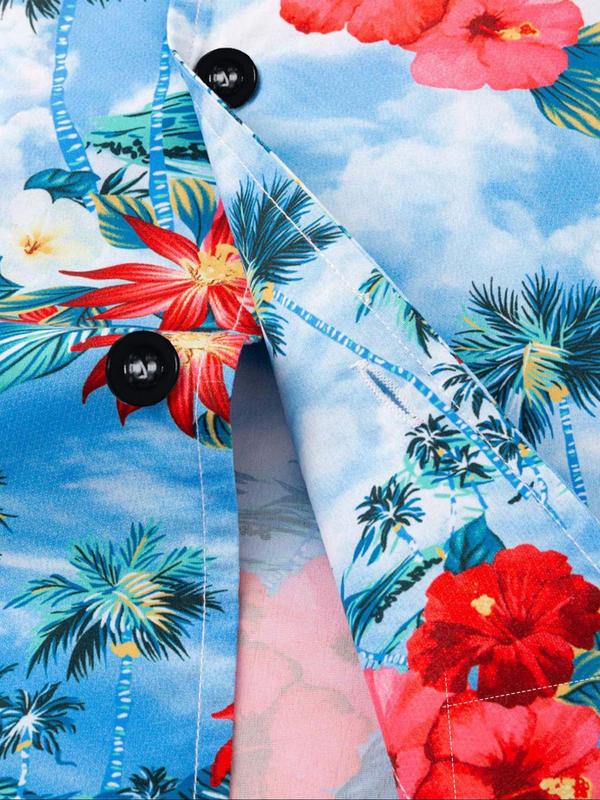 Men's Floral Print Button Front Hawaiian Shirt, Summer Clothes Regular Fit Casual Short Sleeve Collared Shirt for Summer, Menswear for Beach Holiday Vacation