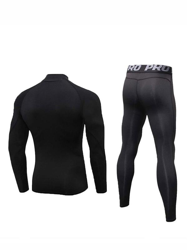 Men's Long Sleeve Mock Neck Compression Top & Letter Print Leggings Thermal Underwear Set, Casual Comfy Breathable Tight Top & Pants Set for Fall & Winter, Men's Underwear for Daily Wear