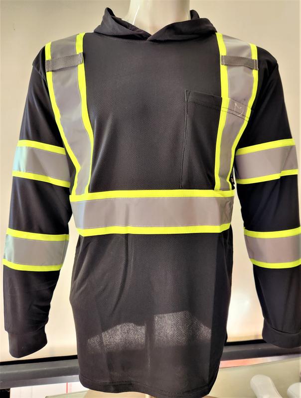 High Visibility Black Long Sleeve Safety Shirt with hoodie Polyester Birdeye Mesh