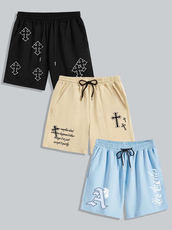 Men's Cross Letter Print Drawstring Track Shorts, Casual Regular Fit Pocket Elastic Waist Shorts for Summer, Shorts for Men, Back To School Outfits, Mens Bottoms for Daily Wear