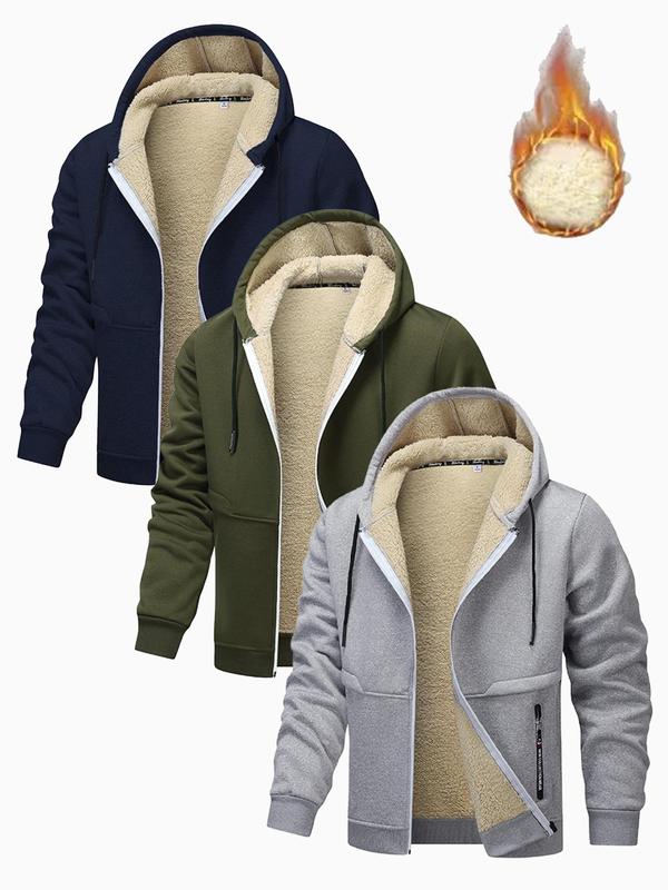 Men's Solid Color Drawstring Pocket Hooded Fleece Jacket, Regular Fit Casual Long Sleeve Zip Up Outerwear for Fall & Winter, Men's Clothes for Daily Wear