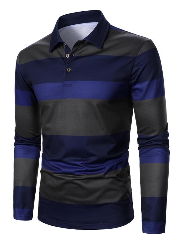 Men's Colorblock Striped Print Polo Shirt, Regular Fit Casual Long Sleeve Button Front Top for Fall & Winter, Men's Clothes for Daily Wear