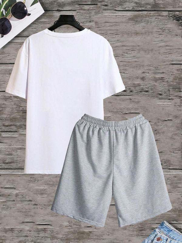 Men's 2pcs Letter Graphic Tee & Drawstring Waist Shorts Set, Crew Neck Short Sleeve T-shirt & Pocket Track Shorts, Casual Summer Clothes Set for Men