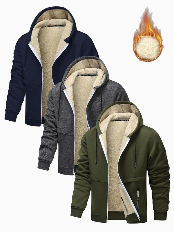 Men's Solid Color Drawstring Pocket Hooded Fleece Jacket, Regular Fit Casual Long Sleeve Zip Up Outerwear for Fall & Winter, Men's Clothes for Daily Wear