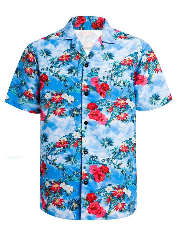 Men's Floral Print Button Front Hawaiian Shirt, Summer Clothes Regular Fit Casual Short Sleeve Collared Shirt for Summer, Menswear for Beach Holiday Vacation