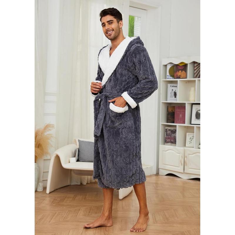 Mens Robe with Hood,Full Length Plush Robe for Men Thick Fleece Bathrobe