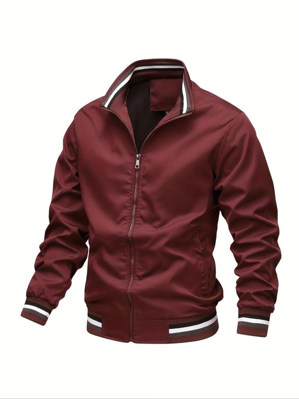 Men's Striped Trim Zip Up Varsity Jacket, Regular 2024 Mens Jacket, Streetwear Long Sleeve Pocket Baseball Jacket, Windbreaker Bomber Jacket, Men's Fall Clothing for Daily Wear Tops