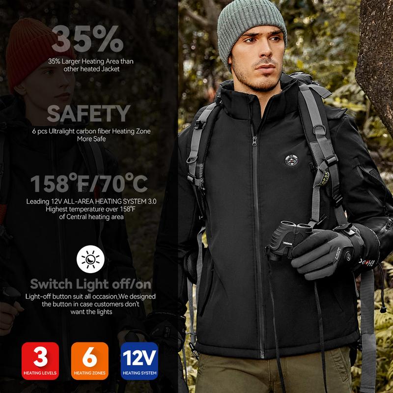 iHood Men's Heated Jacket with Detachable Hood 14400mah Battery, Waterproof Winter Outdoor Heating Jackets for Men