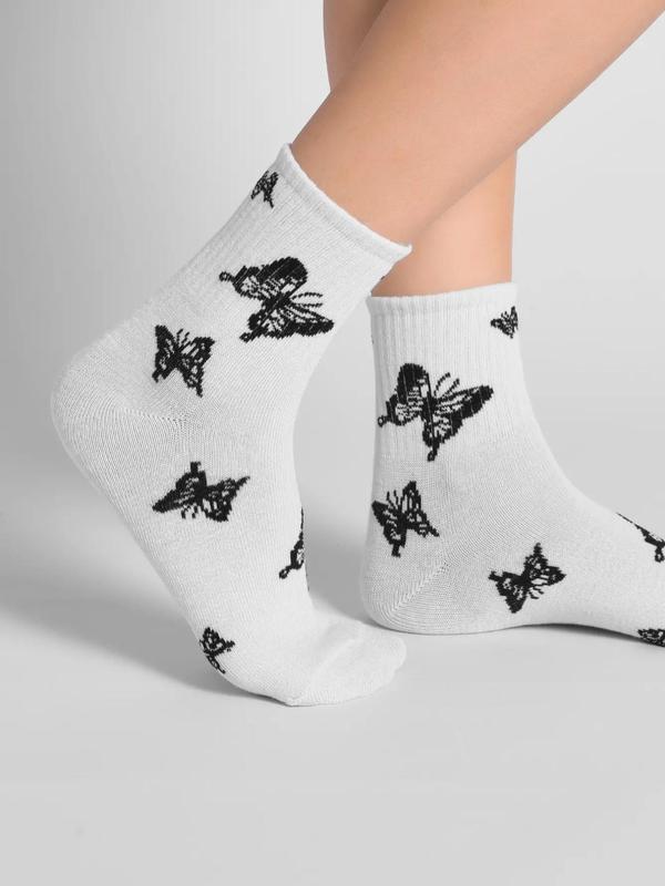 Men's Butterfly & Letter Print Crew Socks, Men's Stocking Stuffers, Multi-pack Breathable Mid-calf Socks for Daily Wear,  Men's Socks & Hosiery