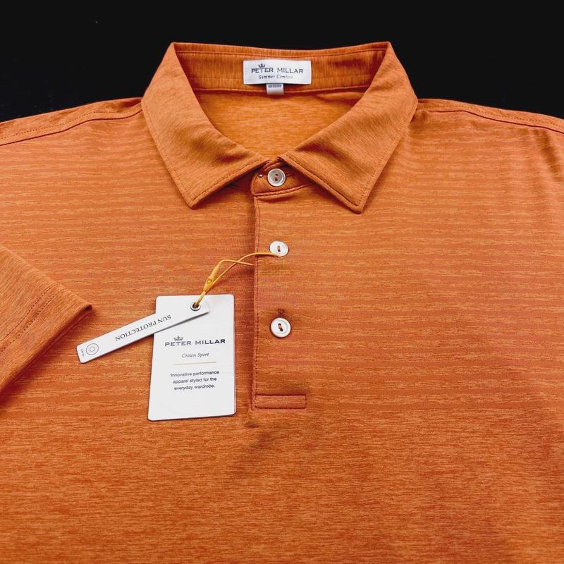 Stylish Peter Millar Crown Sport Striped Printed Polo Shirt - Summer Comfort Orange Large