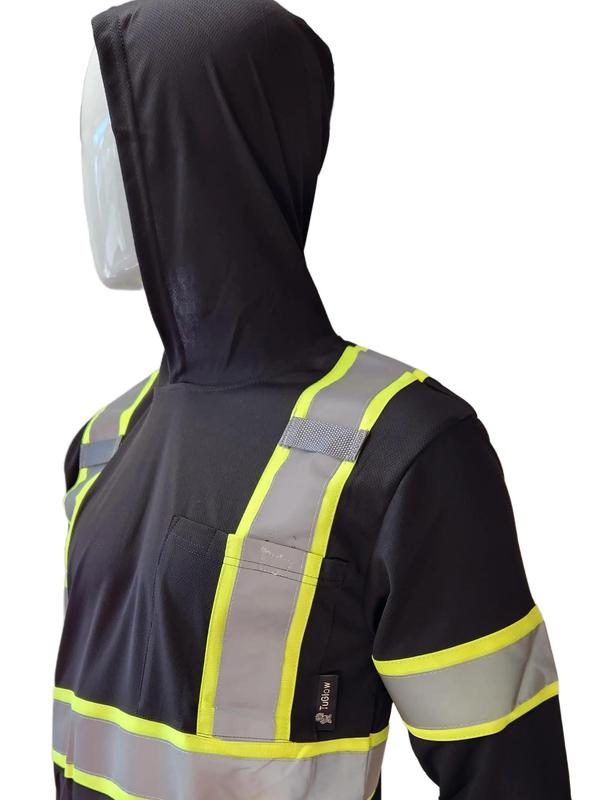 High Visibility Black Long Sleeve Safety Shirt with hoodie Polyester Birdeye Mesh