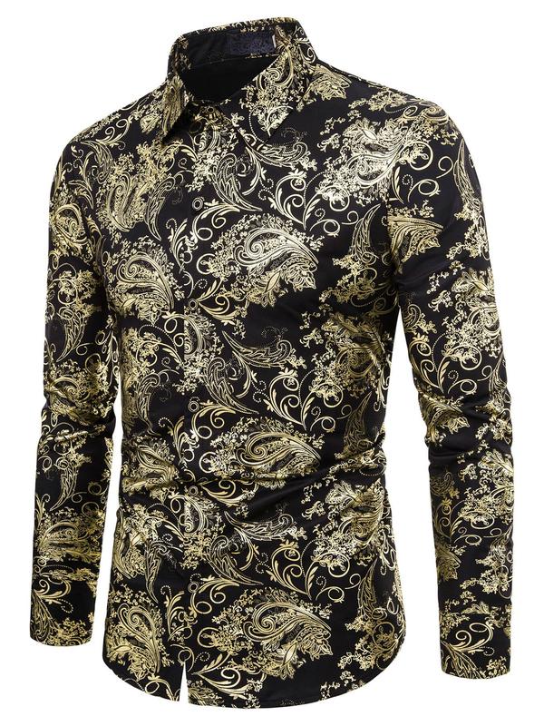 Men's Floral & Paisley Hot Stamping Button Front Shirt, Regular Fit Long Sleeve Collared Top for Wedding Party Formal Occasions, Men's Clothes for All Seasons