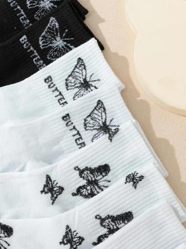 Men's Butterfly & Letter Print Crew Socks, Men's Stocking Stuffers, Multi-pack Breathable Mid-calf Socks for Daily Wear,  Men's Socks & Hosiery