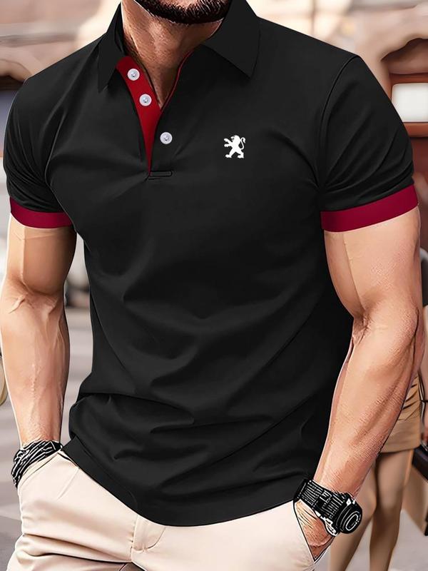 Men's Regular Fit Lion-Print Polo-Shirt, Casual Short Sleeve Collared Top for Summer, Fashion Men's Clothes for Daily Wear