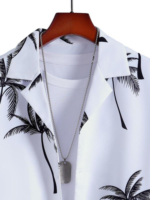 Two Counts Men's Back To School Coconut Tree Print Shirt & Pocket Drawstring Shorts Two-piece Set, Summer Outfits 2024, Men's Clothing, Regular Fit Tropical Print Two-piece Outfit without Tee & Necklace, Summer Beach Vacation Clothes Set for Men