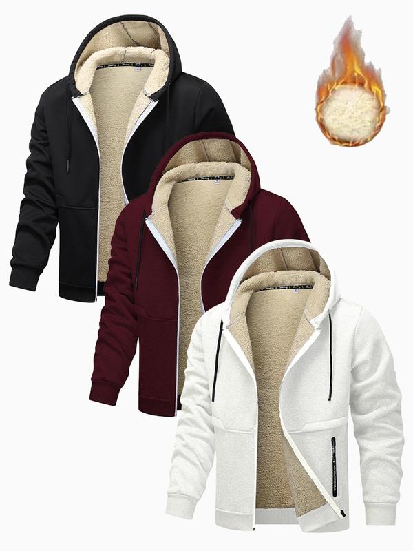 Men's Solid Color Drawstring Pocket Hooded Fleece Jacket, Regular Fit Casual Long Sleeve Zip Up Outerwear for Fall & Winter, Men's Clothes for Daily Wear