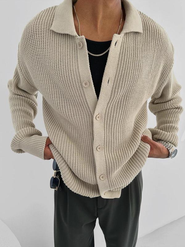 Men's Solid Button Front Drop Shoulder Cardigan, Loose Casual Long Sleeve Collared Knitwear for Fall & Winter, Men's Knit Clothing for Daily Wear