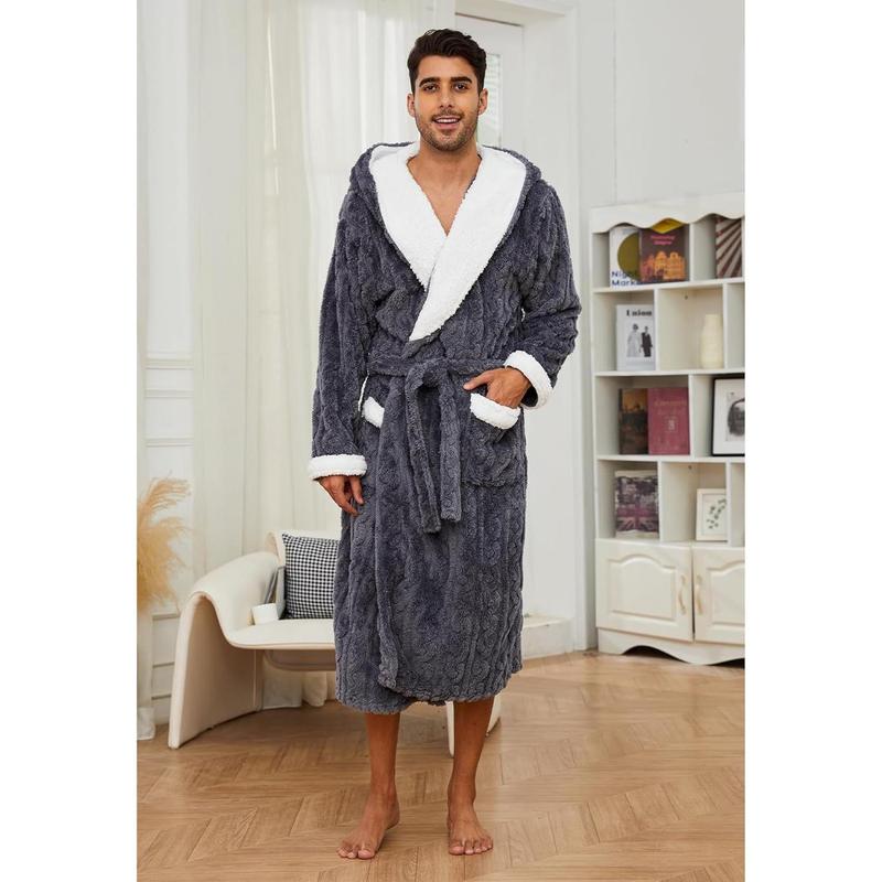 Mens Robe with Hood,Full Length Plush Robe for Men Thick Fleece Bathrobe