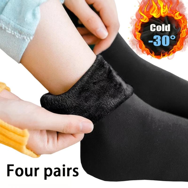 4 Pairs Thermal Knitting Polyester Socks Four Seasons Wool Lining Warm Self-Heating Pure Black Machine Washable Middle Tube Unisex Cold-Proof Socks