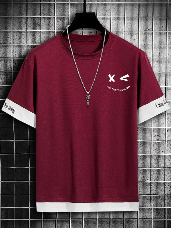 Men's Colorblock Letter Cartoon Face Print Tee without Necklace, Round Neck Short Sleeve T-shirt, Fashion Men's Top for Daily Wear, Summer Tops 2024