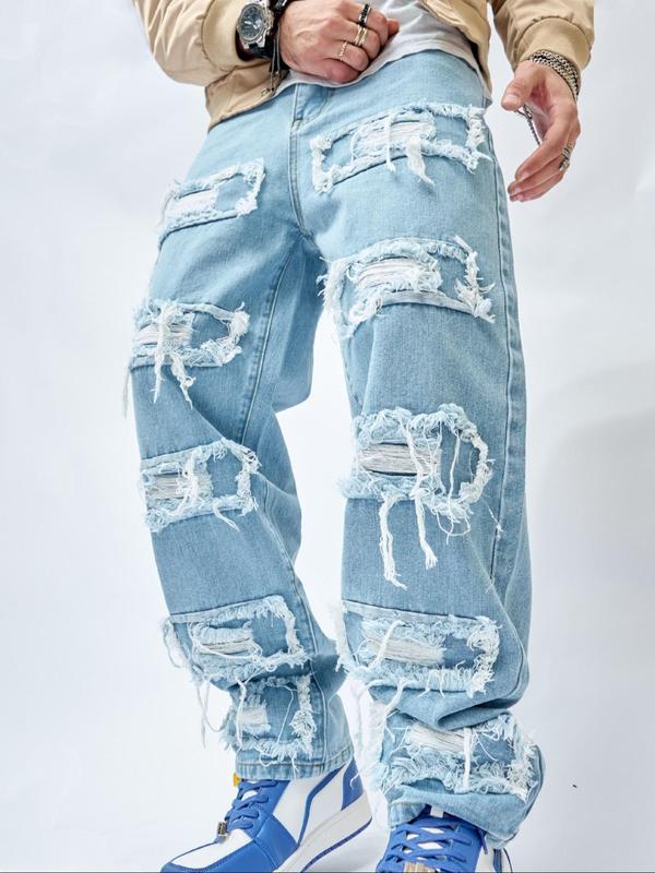 Men's Ripped Zipper Pocket Design Jeans, Loose Casual Denim Pants for Daily Wear, Fashion Men's Bottoms for All Seasons