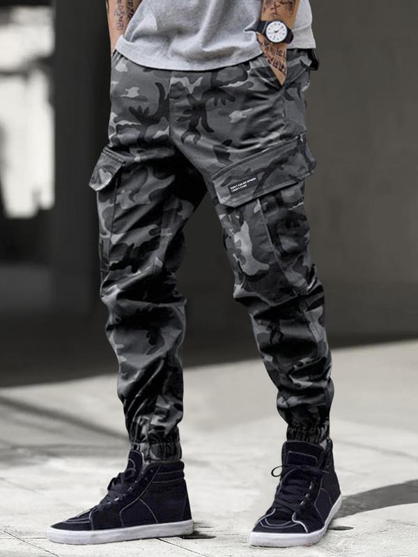 Men's Camo Print Letter Tape Cargo Pants, Casual Street Comfy Regular Fit Pants for Daily Wear, Men's Trousers for All Seasons