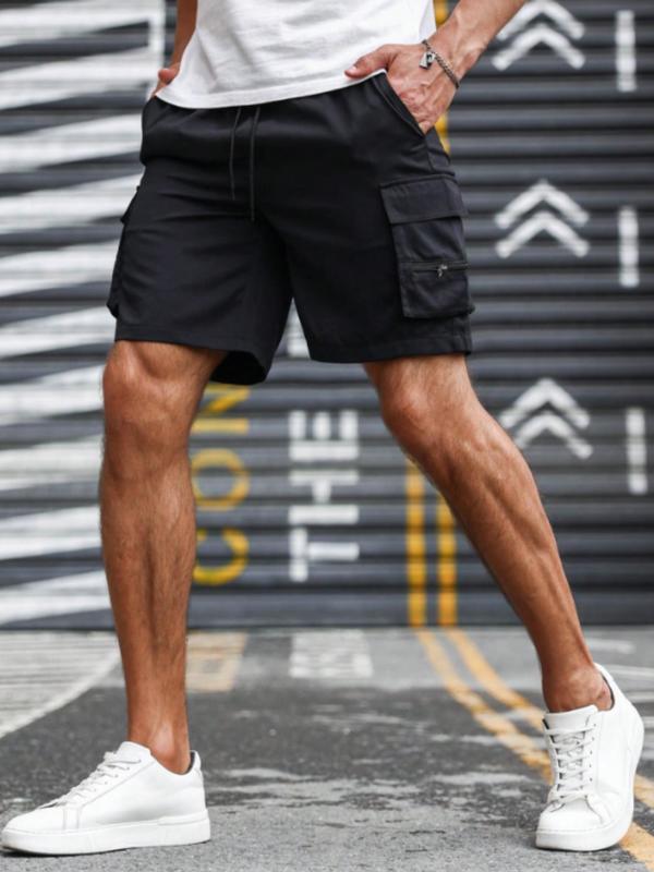 Men's Casual Solid Elastic Waist Shorts, Summer Clothes Regular Fit Fashion Casual Pocket Drawstring Waist Shorts For Daily Wear, Men's Bottoms For Summer