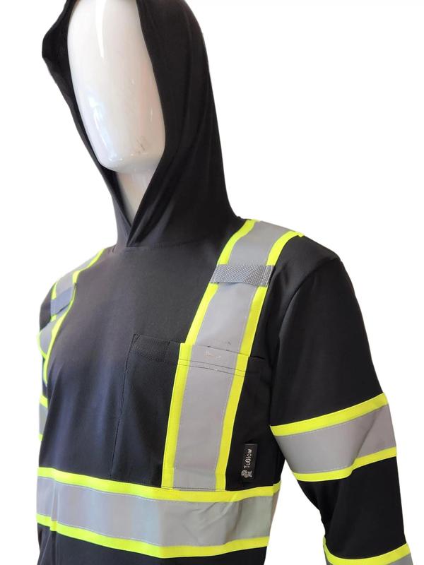 High Visibility Black Long Sleeve Safety Shirt with hoodie Polyester Birdeye Mesh