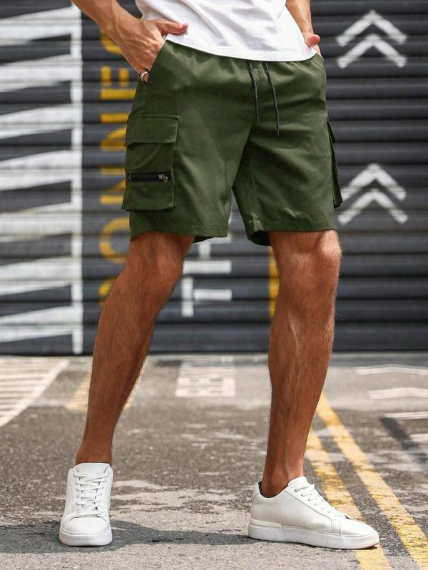 Men's Casual Solid Elastic Waist Shorts, Summer Clothes Regular Fit Fashion Casual Pocket Drawstring Waist Shorts For Daily Wear, Men's Bottoms For Summer