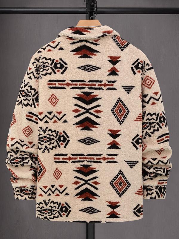 Men's Navajo Style Print Long Sleeve Button Front Shirt, Regular Fit Casual Bishop Sleeve Collared Top for Fall & Winter, Men's Clothes for Daily Wear