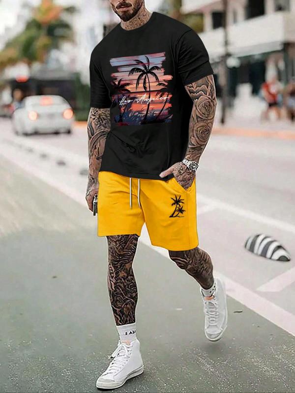 Two-Piece Set Men's Landscape Print Tee & Palm Tree Printed Tie Front Pocket Shorts Two-piece Set, Regular Fit Round Neck Short Sleeve T-Shirt & Elastic Waist Shorts, Men Plus Outfits for All Seasons