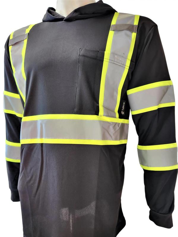 High Visibility Black Long Sleeve Safety Shirt with hoodie Polyester Birdeye Mesh