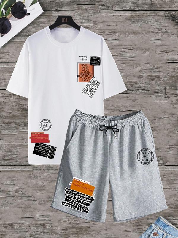 Men's 2pcs Letter Graphic Tee & Drawstring Waist Shorts Set, Crew Neck Short Sleeve T-shirt & Pocket Track Shorts, Casual Summer Clothes Set for Men