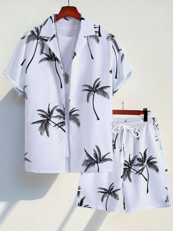 Two Counts Men's Back To School Coconut Tree Print Shirt & Pocket Drawstring Shorts Two-piece Set, Summer Outfits 2024, Men's Clothing, Regular Fit Tropical Print Two-piece Outfit without Tee & Necklace, Summer Beach Vacation Clothes Set for Men