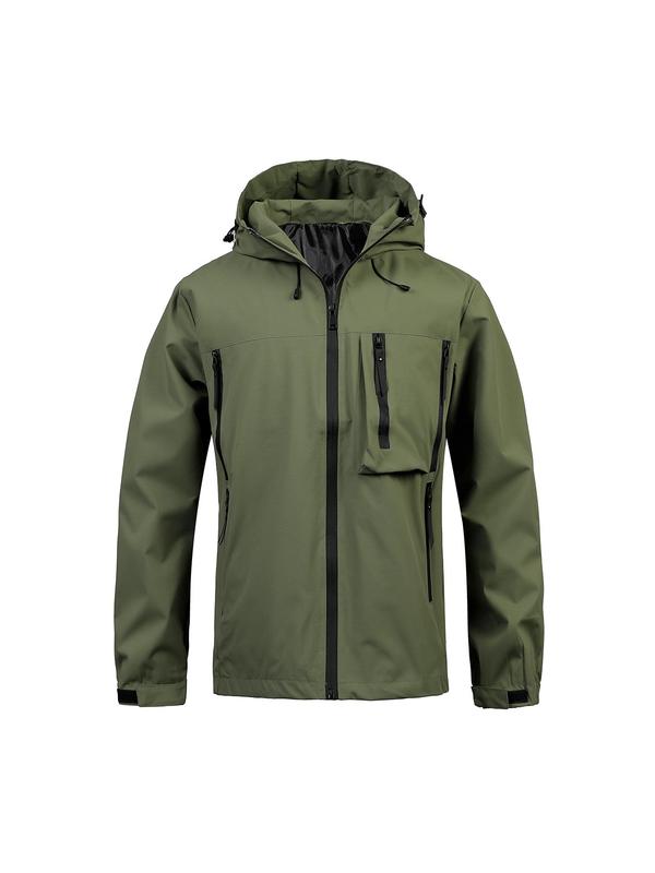 Men's Solid Pocket Drawstring Hooded Jacket, Regular Fit Casual Waterproof Long Sleeve Zip Up Outerwear for Outdoor Activities, Fashion Men's Clothes for All Seasons