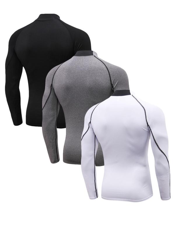 Men's Solid Mock Neck Compression Thermal Underwear Top, Quick Drying Long Sleeve T-shirt, Men's Thermal Underwear for Fall & Winter