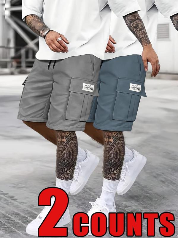 Men's Solid Patched Drawstring Waist Cargo Shorts, Regular Fit Casual Flap Pocket Straight Leg Shorts for Summer, Fashion Men's Bottoms for Daily Wear